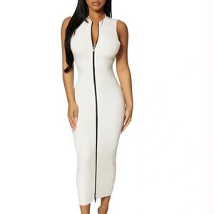 Naked wardrobe white snatched zip up ribbed dress